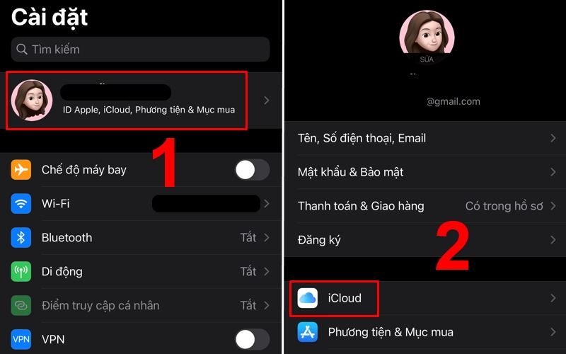 Chọn iCloud trong t&agrave;i khoản